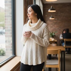 Susan Betro Cowl Neck High-Low Ivory Sweater – Luxe Comfort, NWOT, Size Large